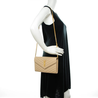 Saint Laurent Grain De Poudre Matelasse Chevron Monogram Chain Wallet Nude Powder 2 of 7