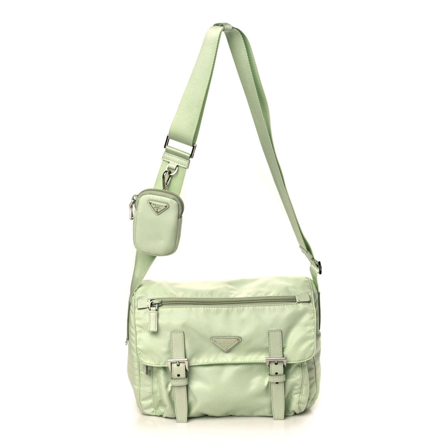 Re-Nylon Vela Saffiano Pocket Double Buckle Messenger Shoulder Bag Acqua
