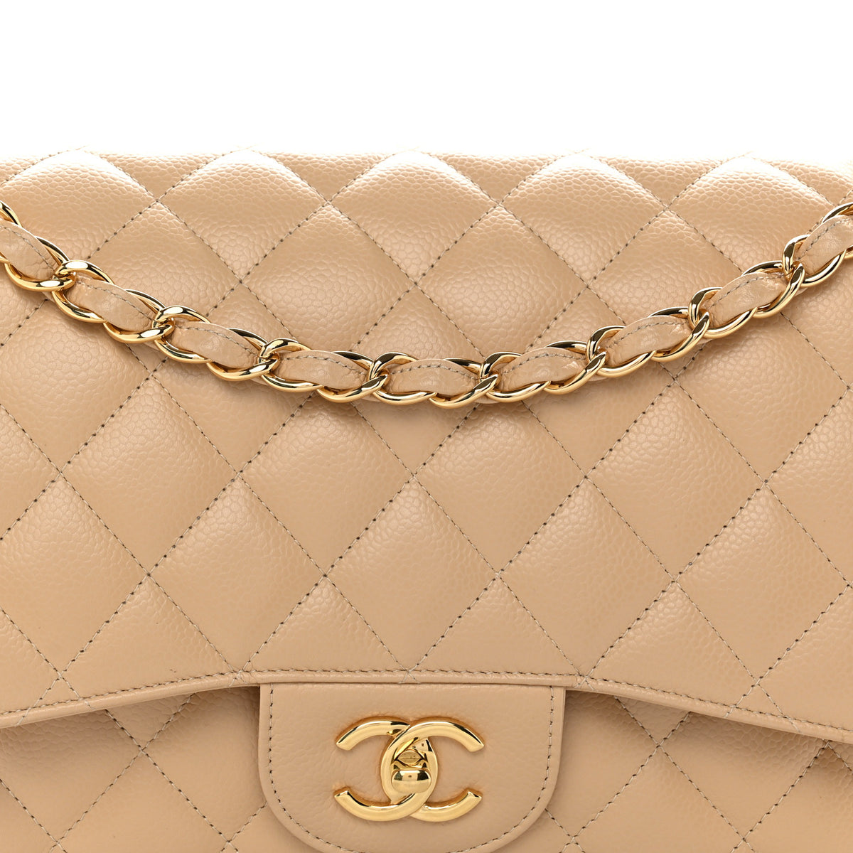 Caviar Quilted Jumbo Double Flap Beige