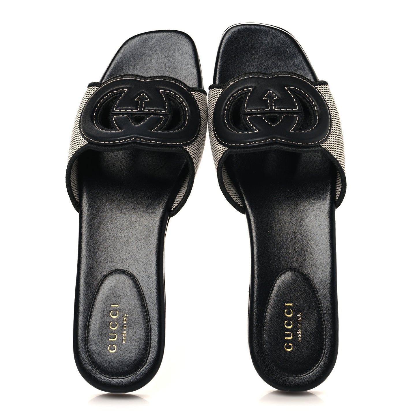 Canvas Rice Cosmos Softy Calfskin Interlocking G Cut Out Slide Sandals 37.5 Black Natural