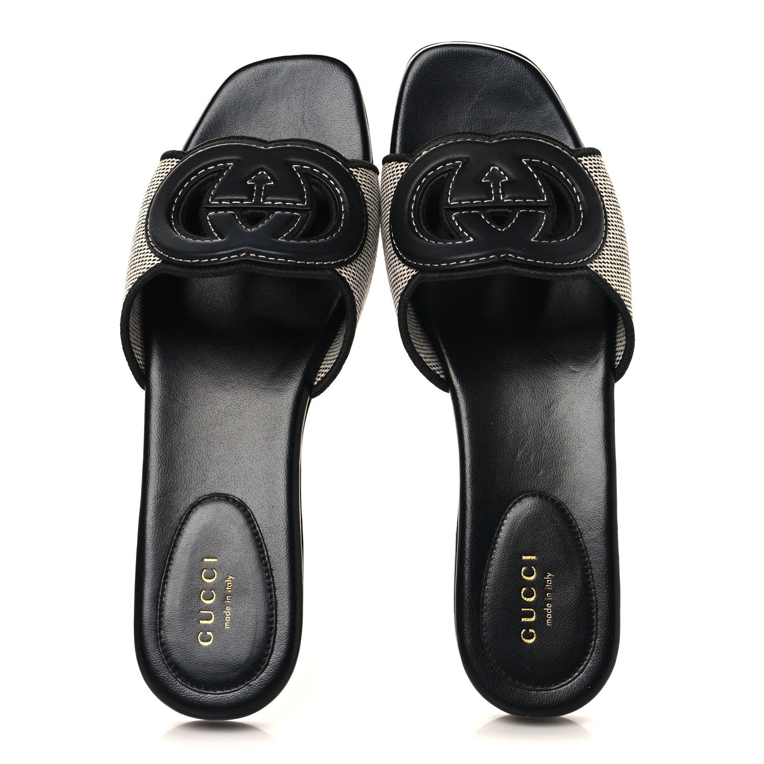 Gucci Canvas Rice Cosmos Softy Calfskin Interlocking G Cut Out Slide Sandals 37.5 Black Natural 2 of 9