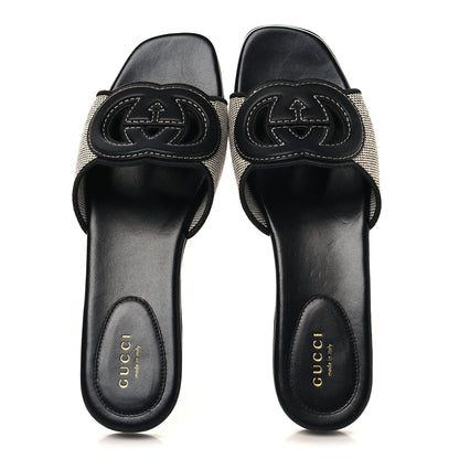 Gucci Canvas Rice Cosmos Softy Calfskin Interlocking G Cut Out Slide Sandals 37.5 Black Natural 2 of 9