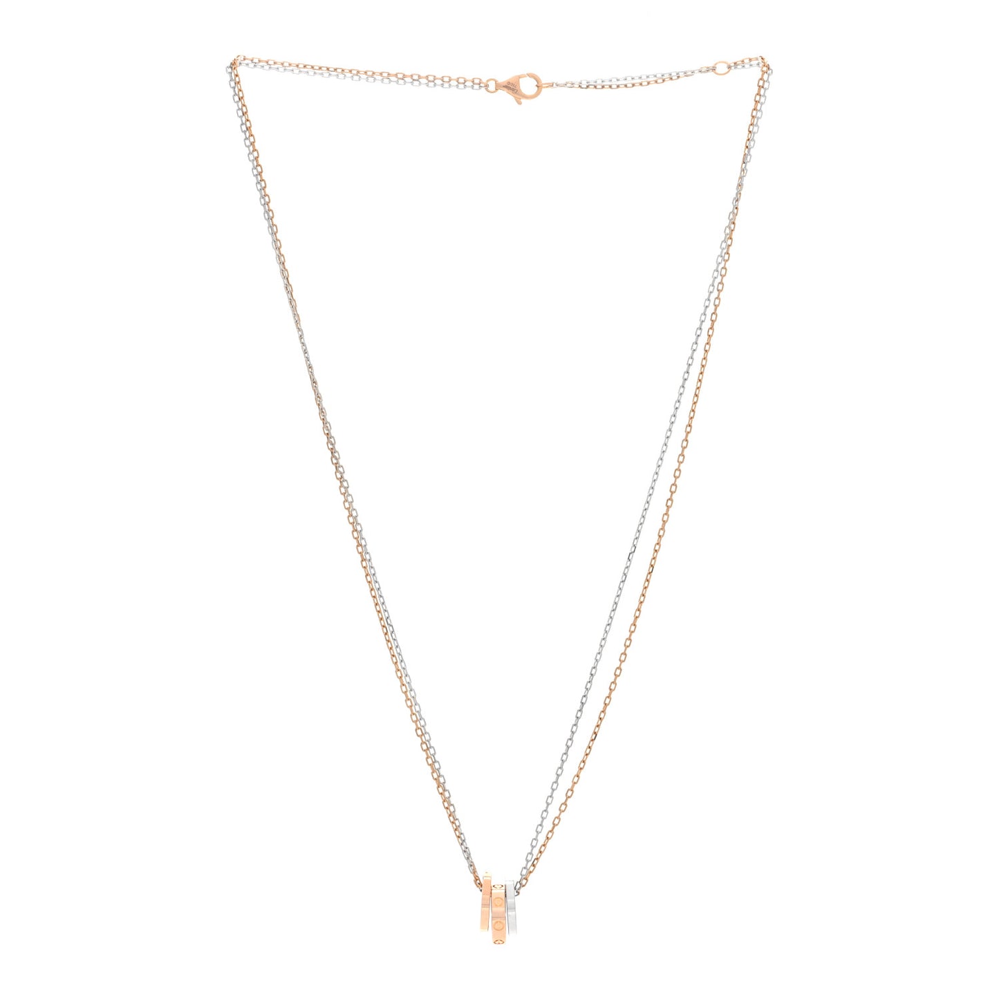 18K White Pink Gold Diamond Three Ring LOVE Pendant Necklace
