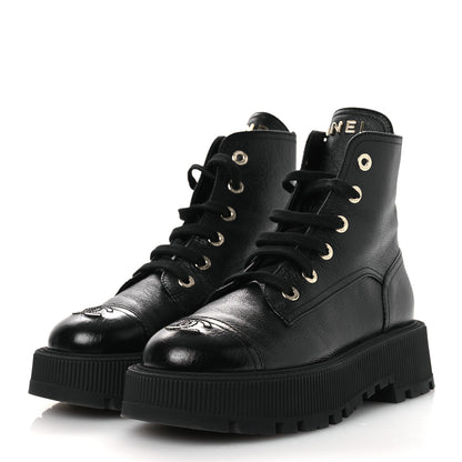 Chanel Grained Calfskin Shiny Calfskin CC Lace Up Combat Boots 38.5 Black 4 of 11