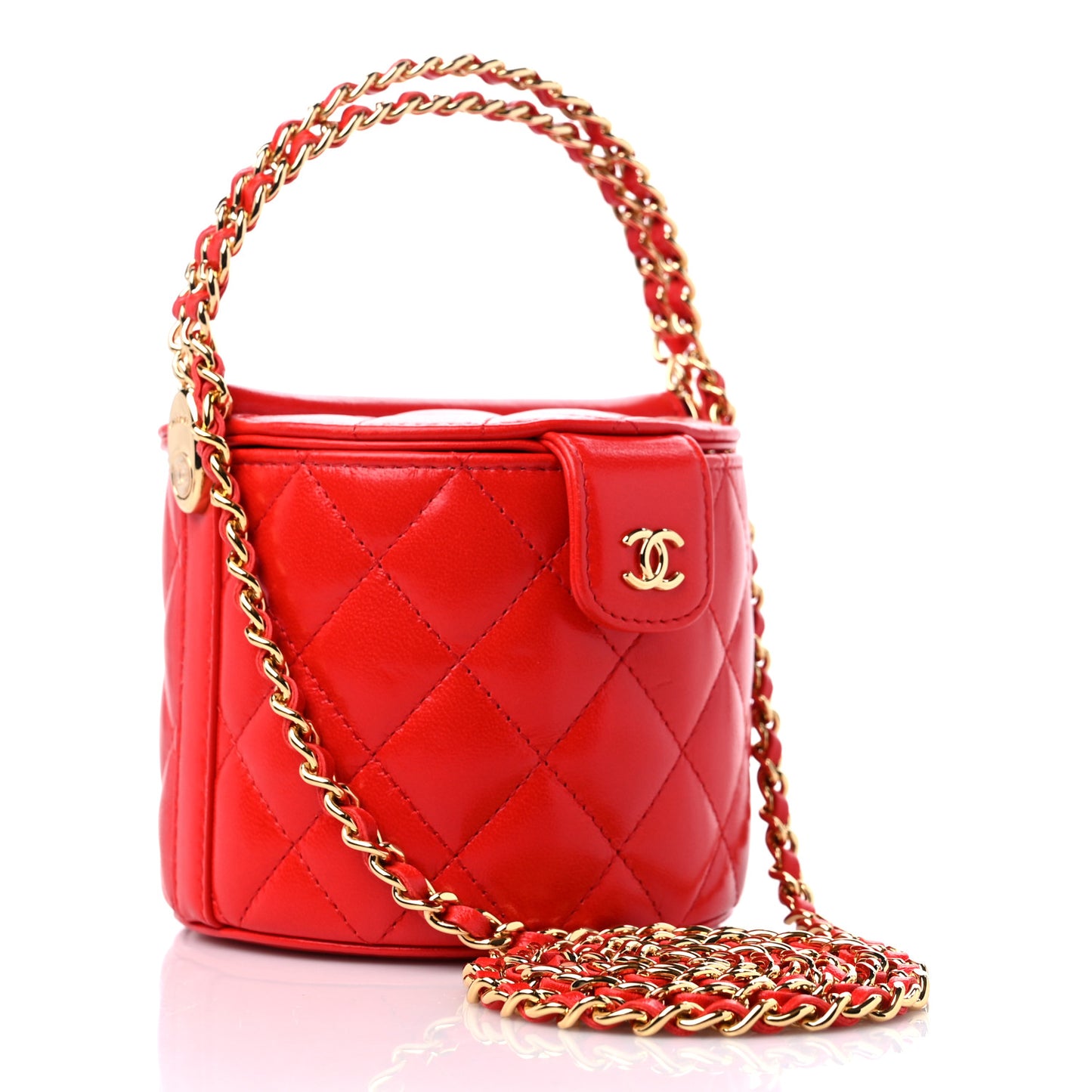 Patent Calfskin Quilted Top Handle Vanity With Chain Red