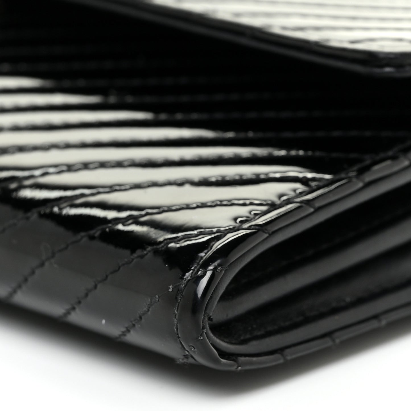 Patent Chevron Quilted Large Gusset Flap Wallet Black