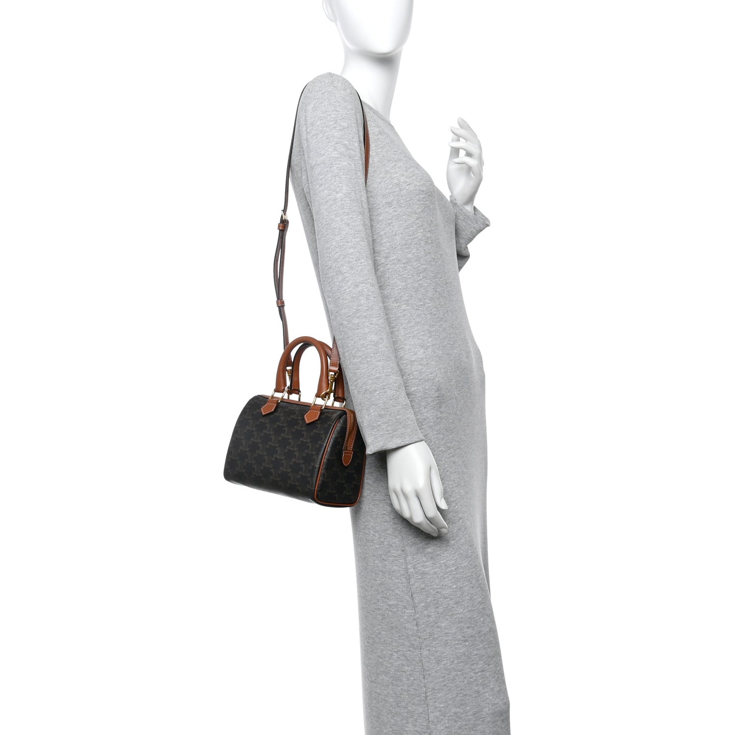 Triomphe Canvas Calfskin Small Boston Bag Tan