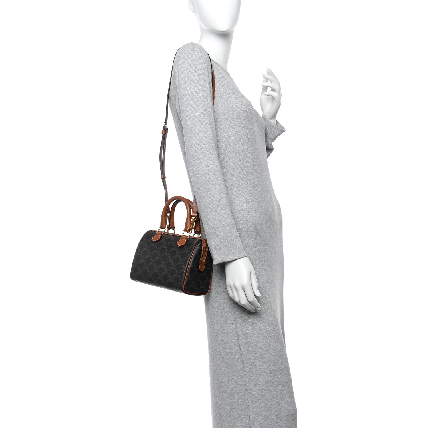 Celine Triomphe Canvas Calfskin Small Boston Bag Tan 2 of 13