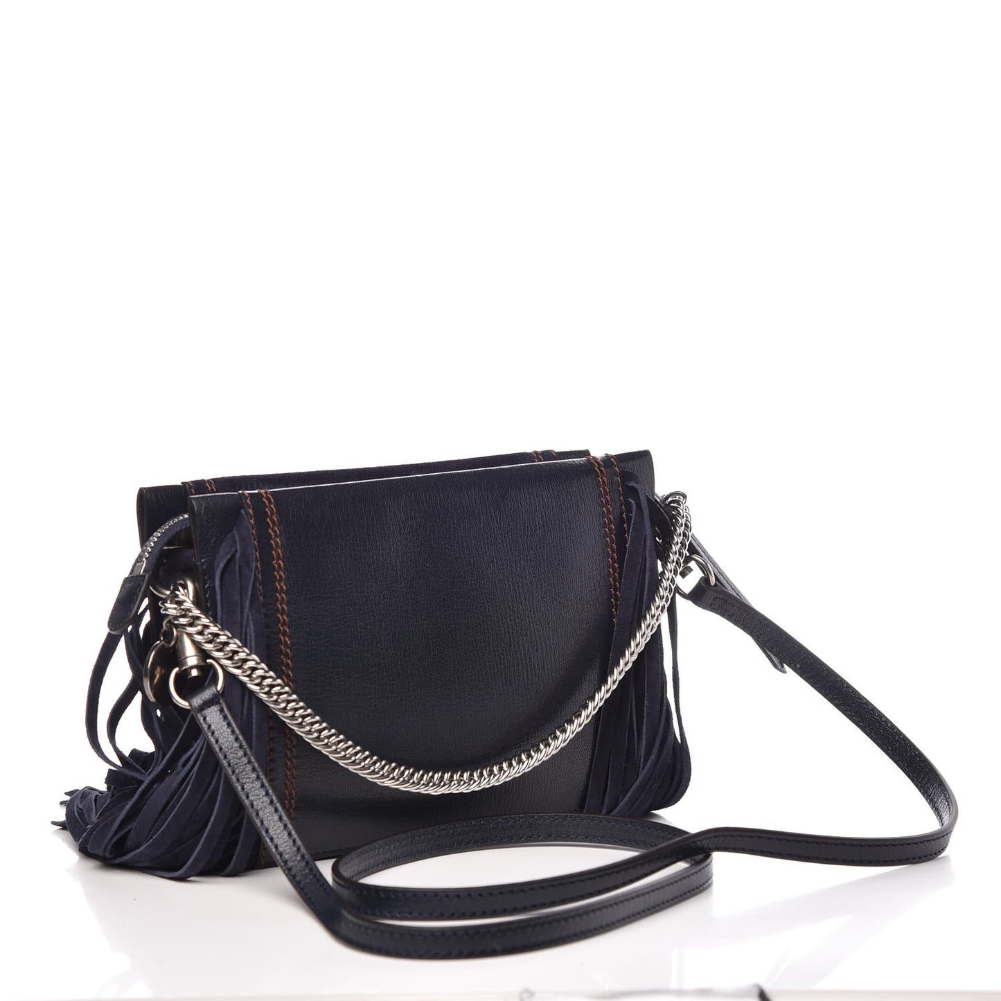 Calfskin Suede Fringe Cross 3 Crossbody Bag Dark Blue