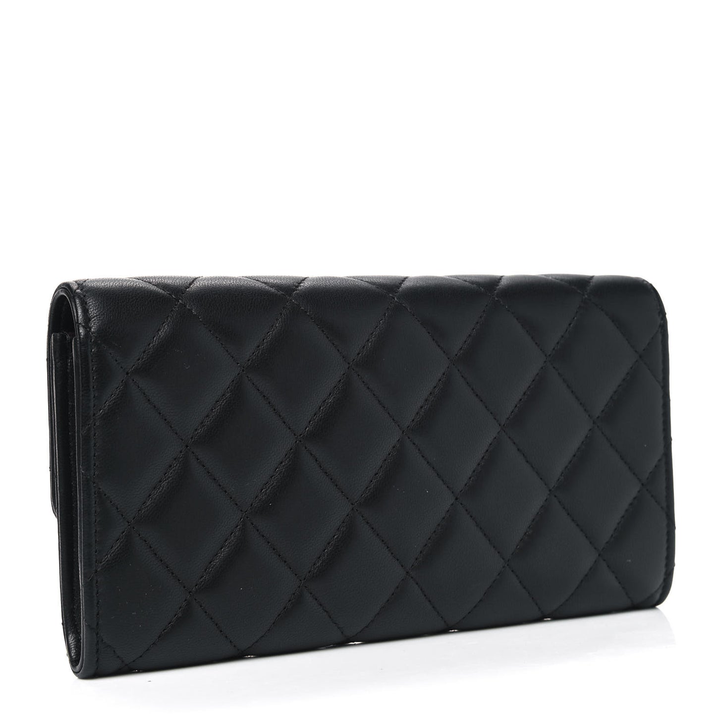 Lambskin Quilted Large Gusset Flap Wallet Black