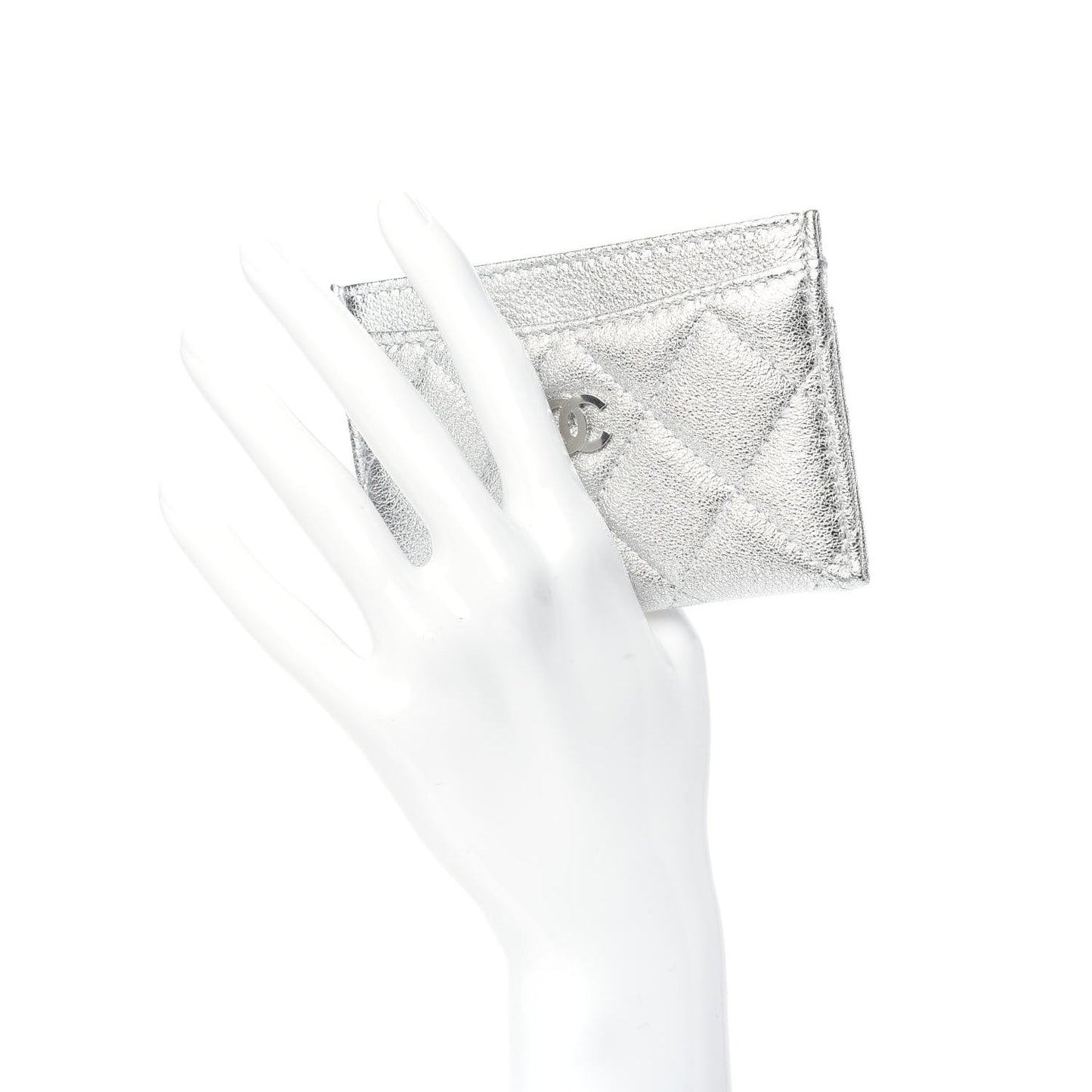 Metallic Lambskin Quilted Card Holder Silver