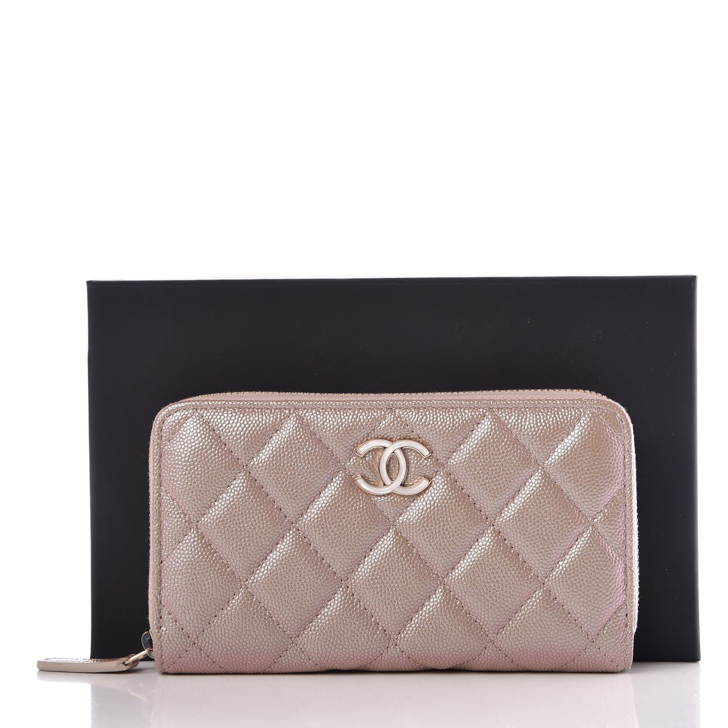 Iridescent Caviar Quilted Medium Zip Around Wallet Beige