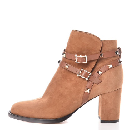 Valentino Garavani Suede Rockstud Double Buckle 70mm Block Heel Ankle Boots 36.5 Tobacco 1 of 8