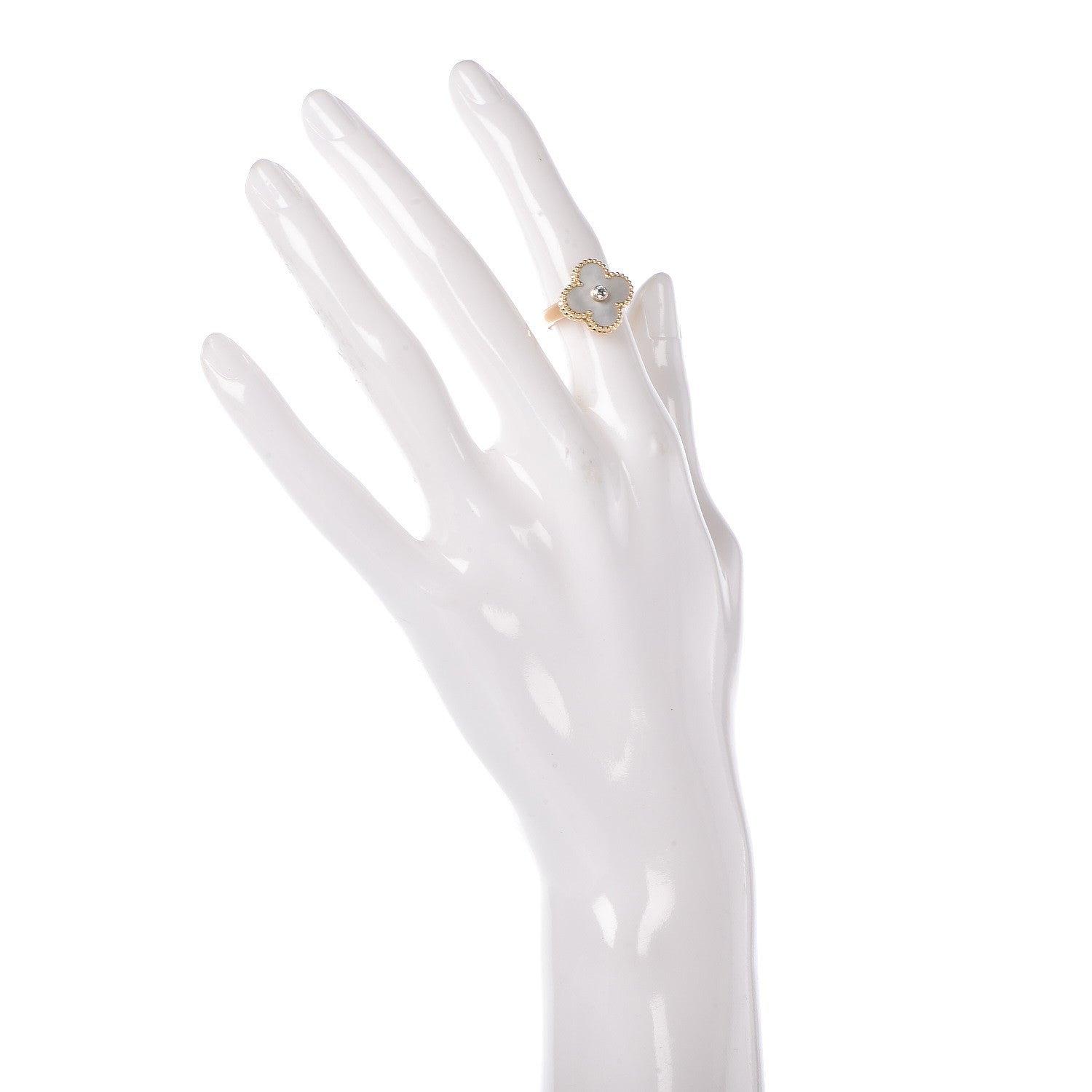 Van Cleef & Arpels 18K Yellow Gold Diamond Mother of Pearl Vintage Alhambra Ring 48 4.5 2 of 5