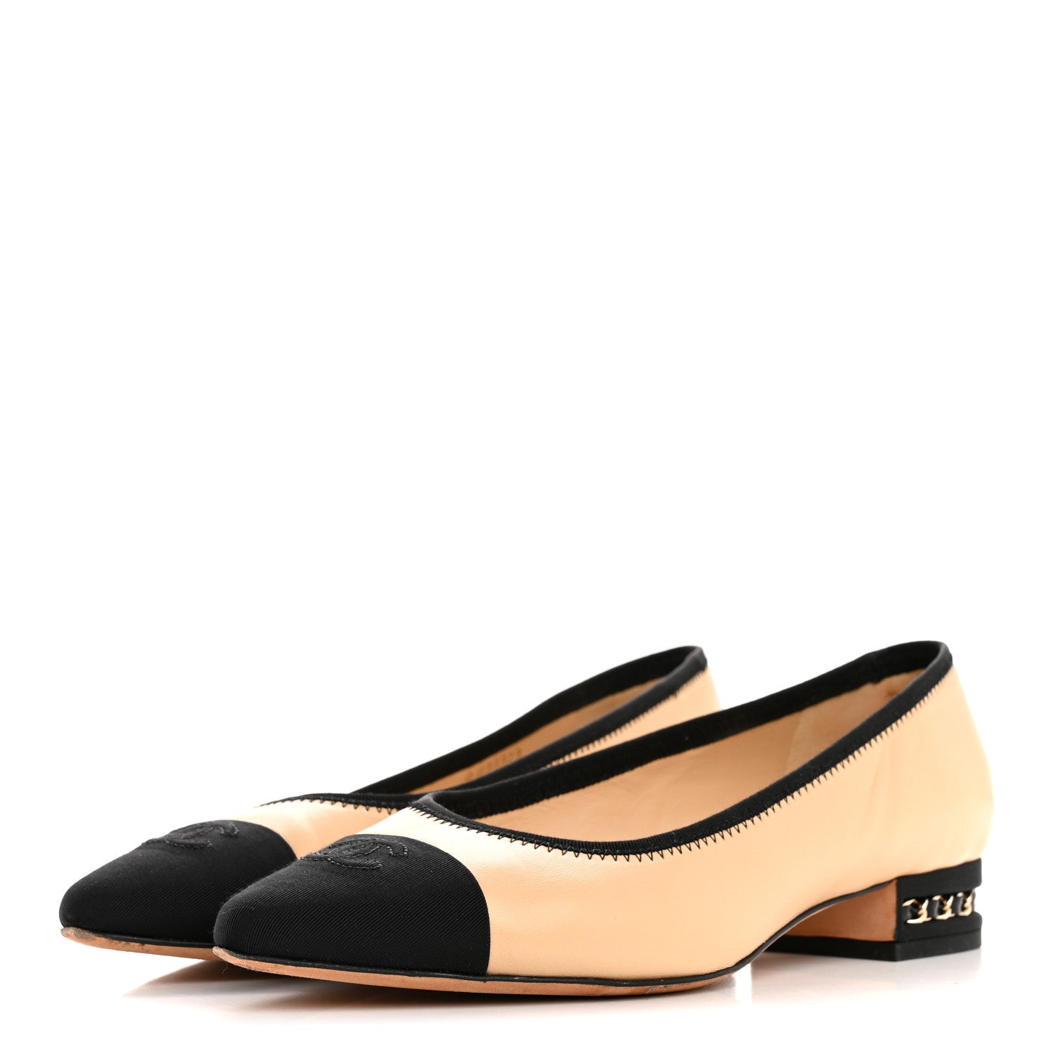 Chanel Lambskin Grossgrain Cap Toe Chain CC Flats 39 Beige Black 4 of 9