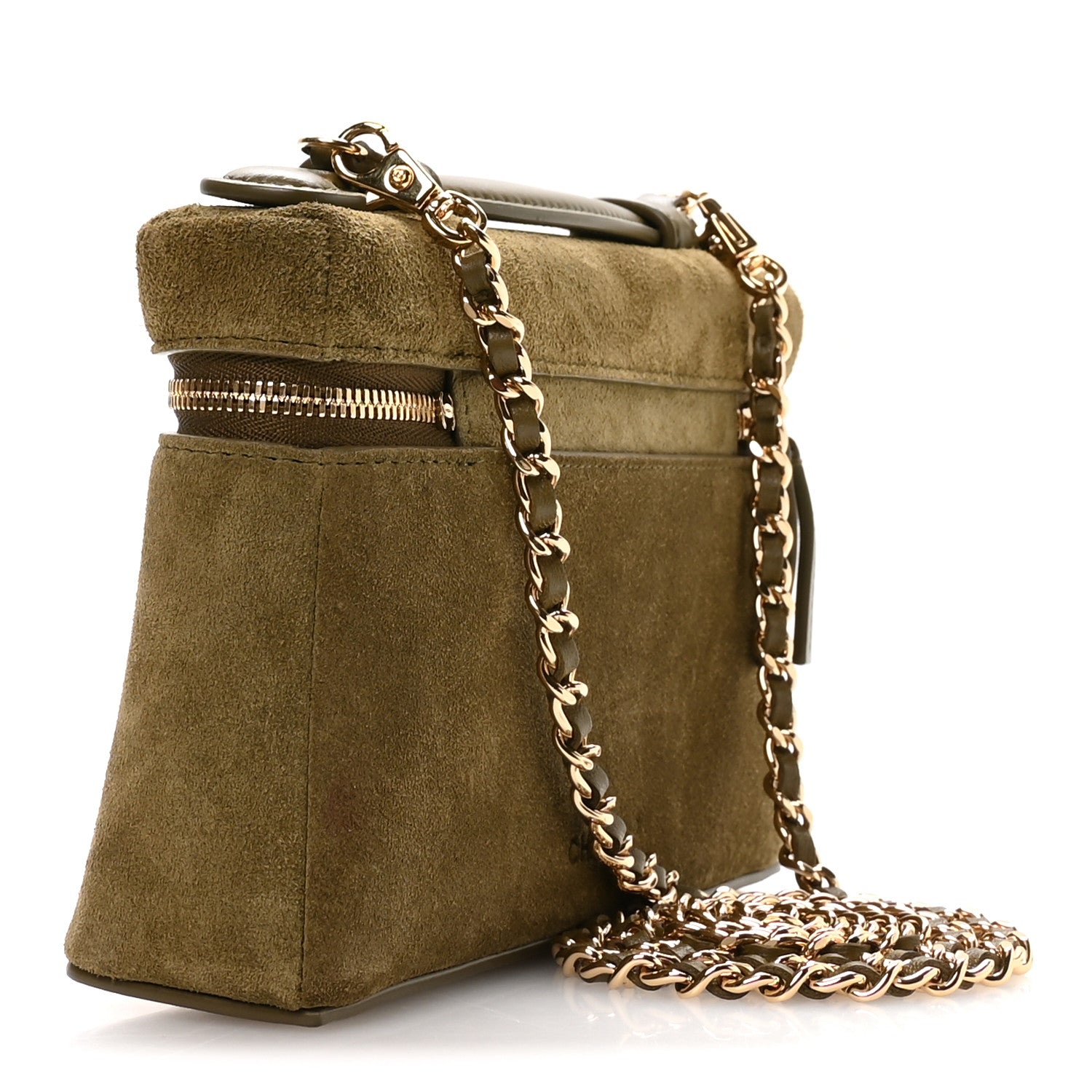 Chanel Suede Calfskin Top Handle Slim Vanity Case With Chain Dark Khaki 3 of 11