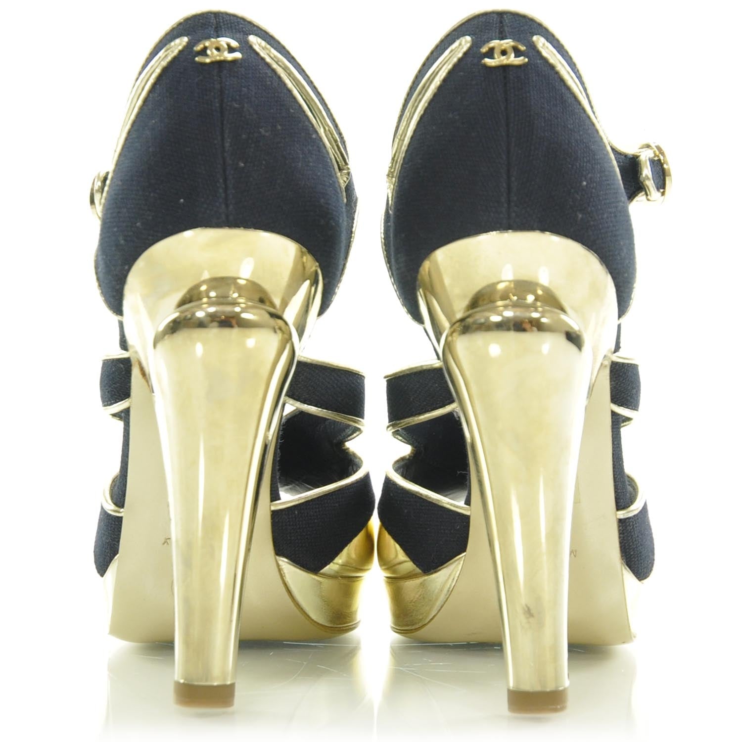 Chanel Linen CC Heels 36 Navy Gold 3 of 9