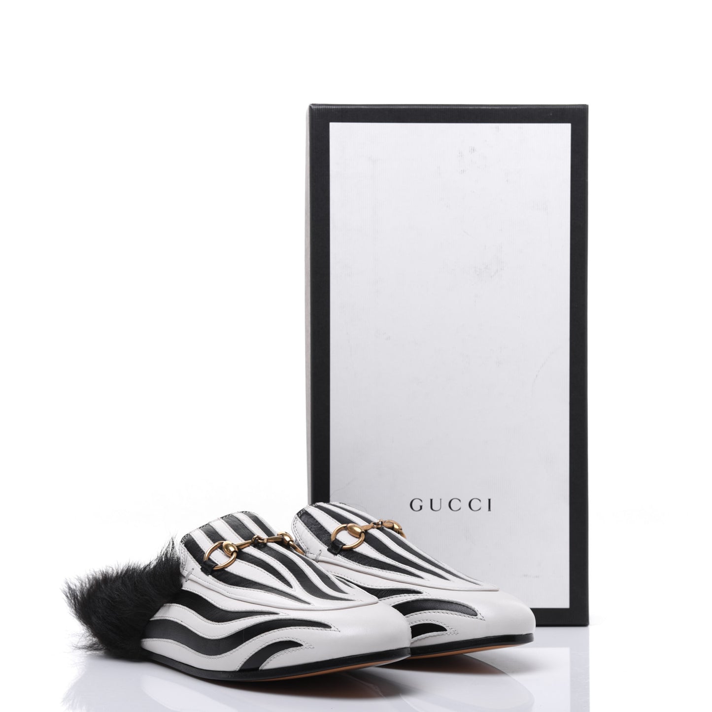 Malaga Kid Fur Zebra Inlay Womens Princetown Slippers 37 Mystic White Black
