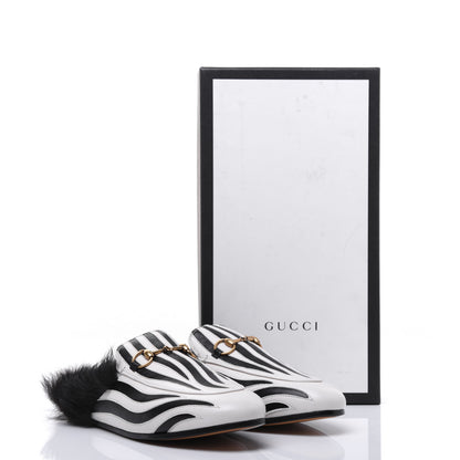 Gucci Malaga Kid Fur Zebra Inlay Womens Princetown Slippers 37 Mystic White Black 9 of 9