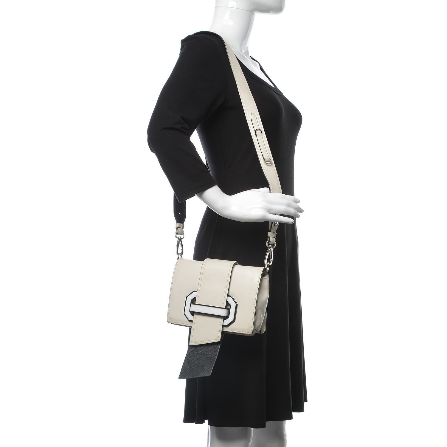 Prada City Calf Plex Ribbon Bag White Black 2 of 30