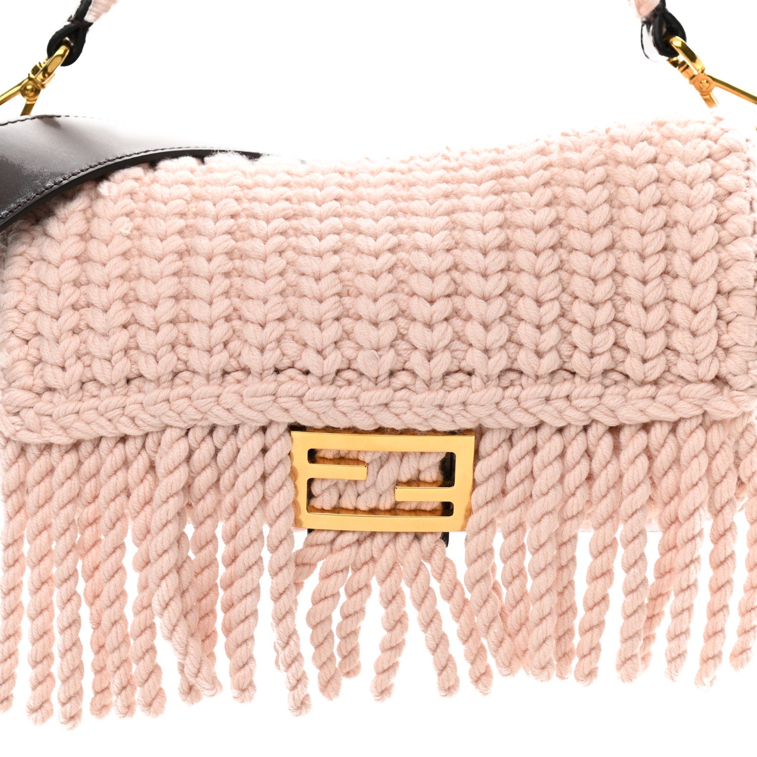 Fendi Wool Vitello Seta Woven Fringe Baguette Rosa Quarzo Ebano 7 of 9