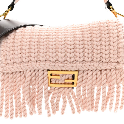 Fendi Wool Vitello Seta Woven Fringe Baguette Rosa Quarzo Ebano 7 of 9