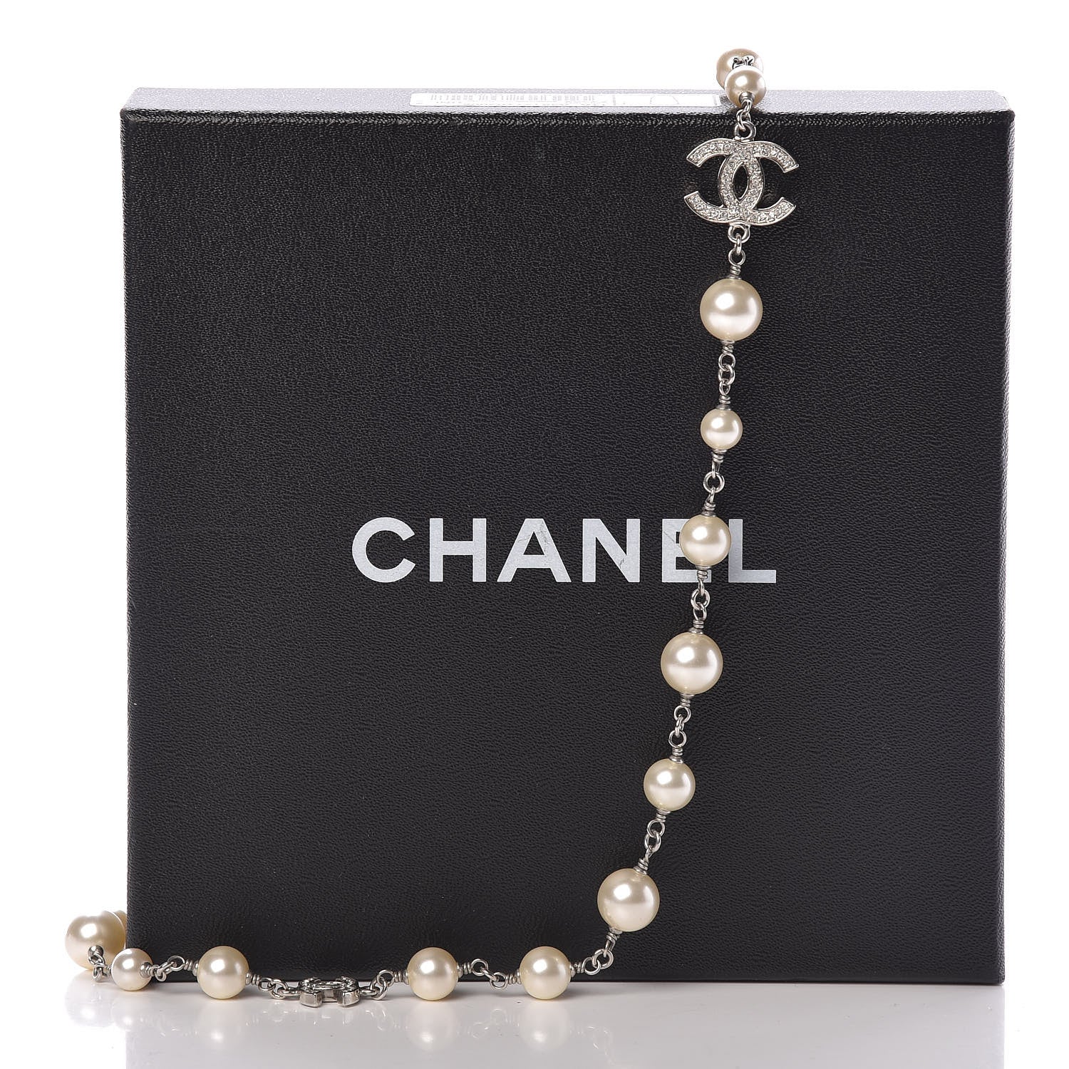 Chanel Graduated Pearl Crystal CC Long Necklace Silver Pearly White 8 of 8
