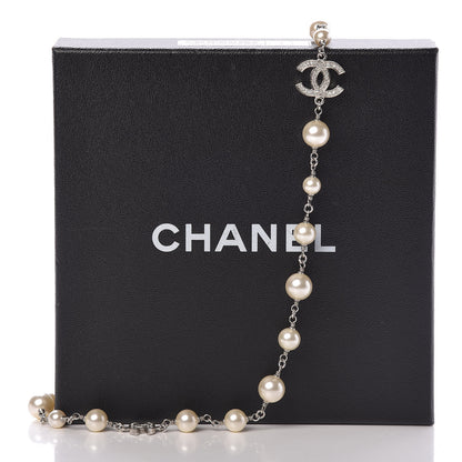 Chanel Graduated Pearl Crystal CC Long Necklace Silver Pearly White 8 of 8