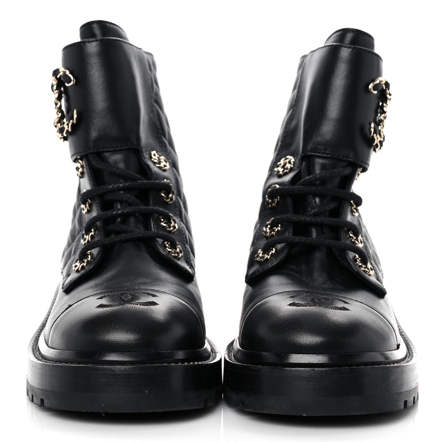 Shiny Calfskin Quilted Lace Up Combat Boots 36.5 Black
