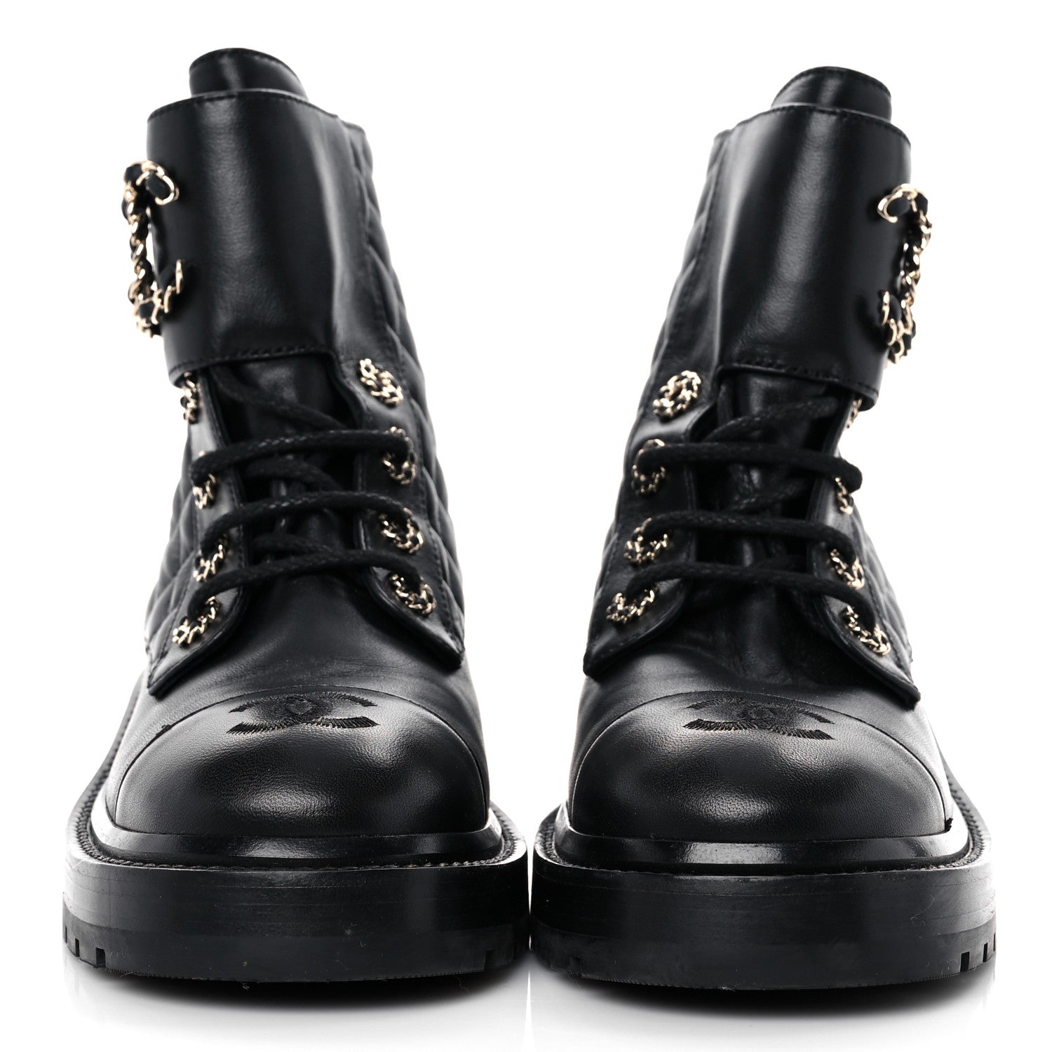 Chanel Shiny Calfskin Quilted Lace Up Combat Boots 36.5 Black 2 of 11