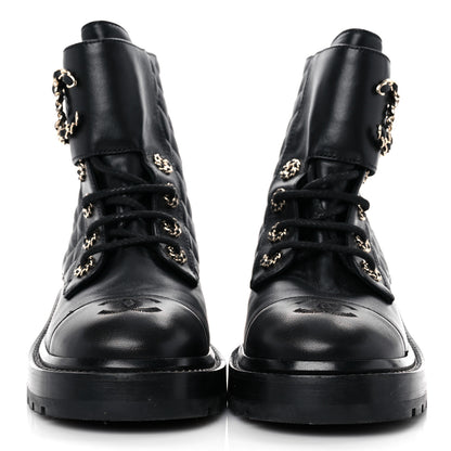 Chanel Shiny Calfskin Quilted Lace Up Combat Boots 36.5 Black 2 of 11