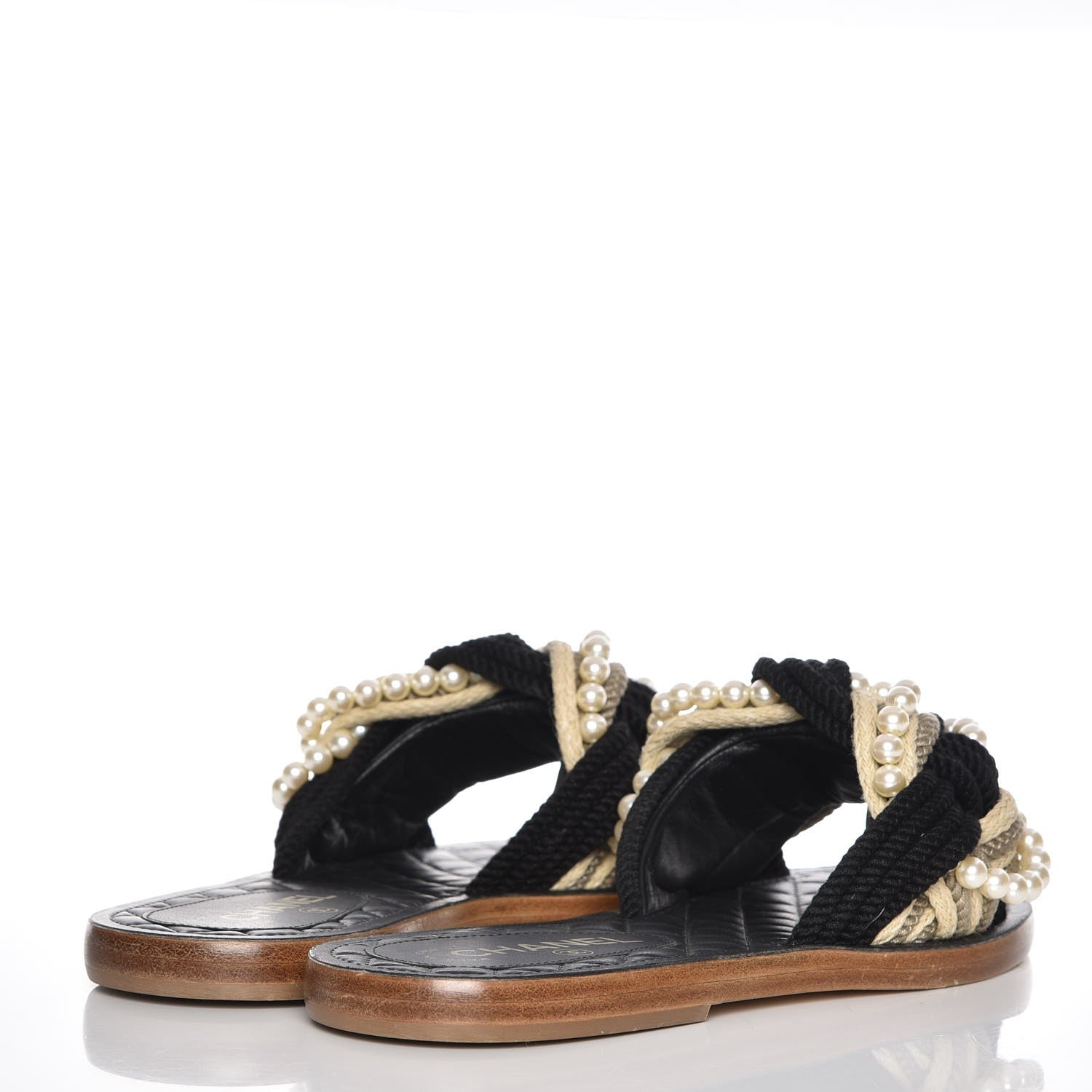 Chanel Lambskin Pearl Cord CC Mules 37 Black Beige 4 of 8