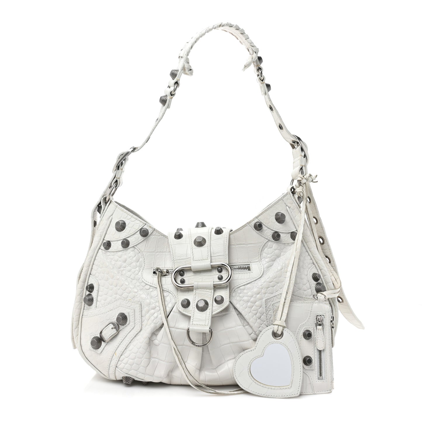 Extra Supple Calfskin Crocodile Embossed Medium Le Cagole Shoulder Bag White