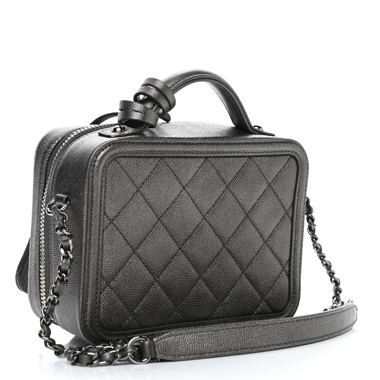 Caviar Quilted Small CC Filigree Vanity Case Dark Silver