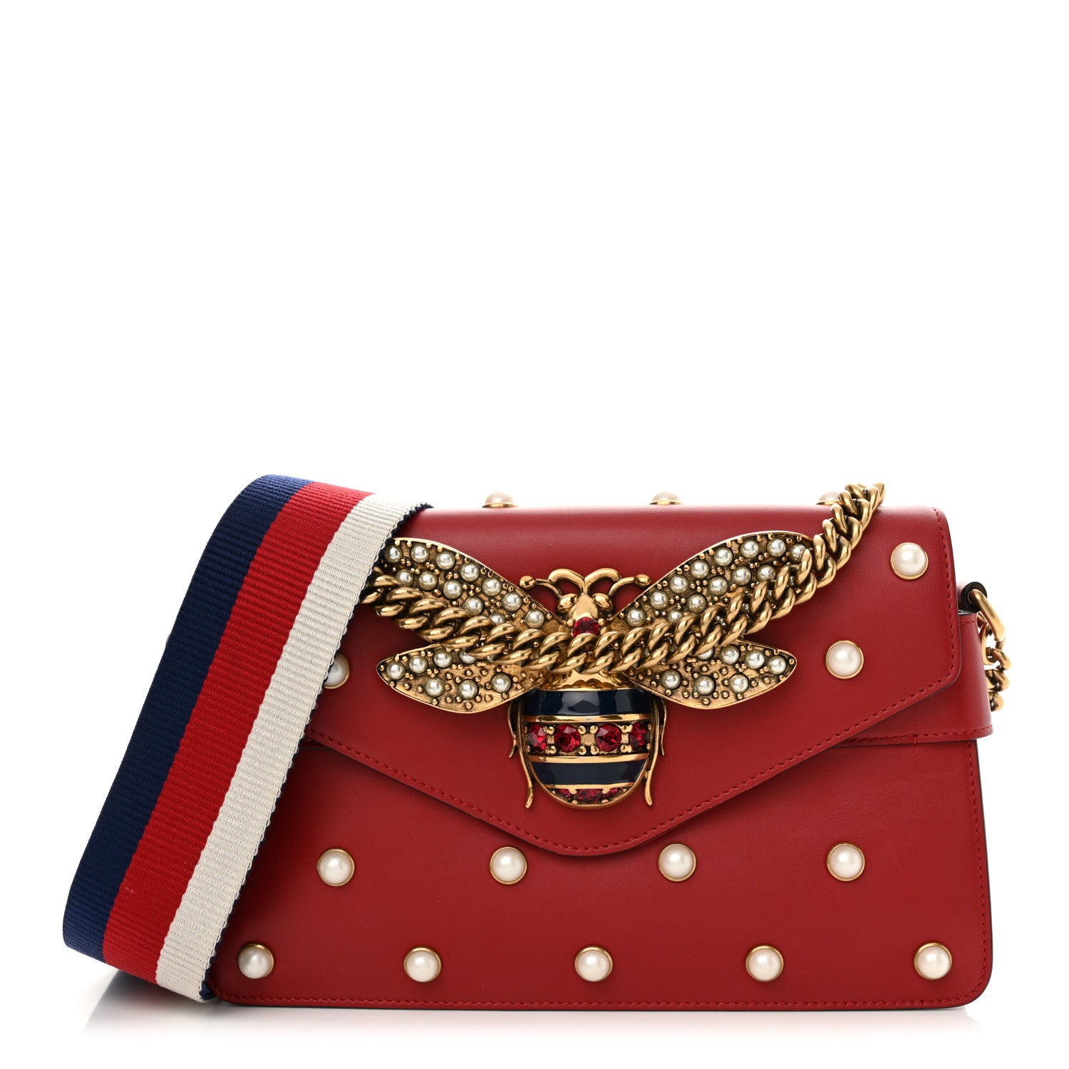 Gucci Nappa Pearl Studded Mini Queen Margaret Broadway Shoulder Bag Hibiscus Red 1 of 12