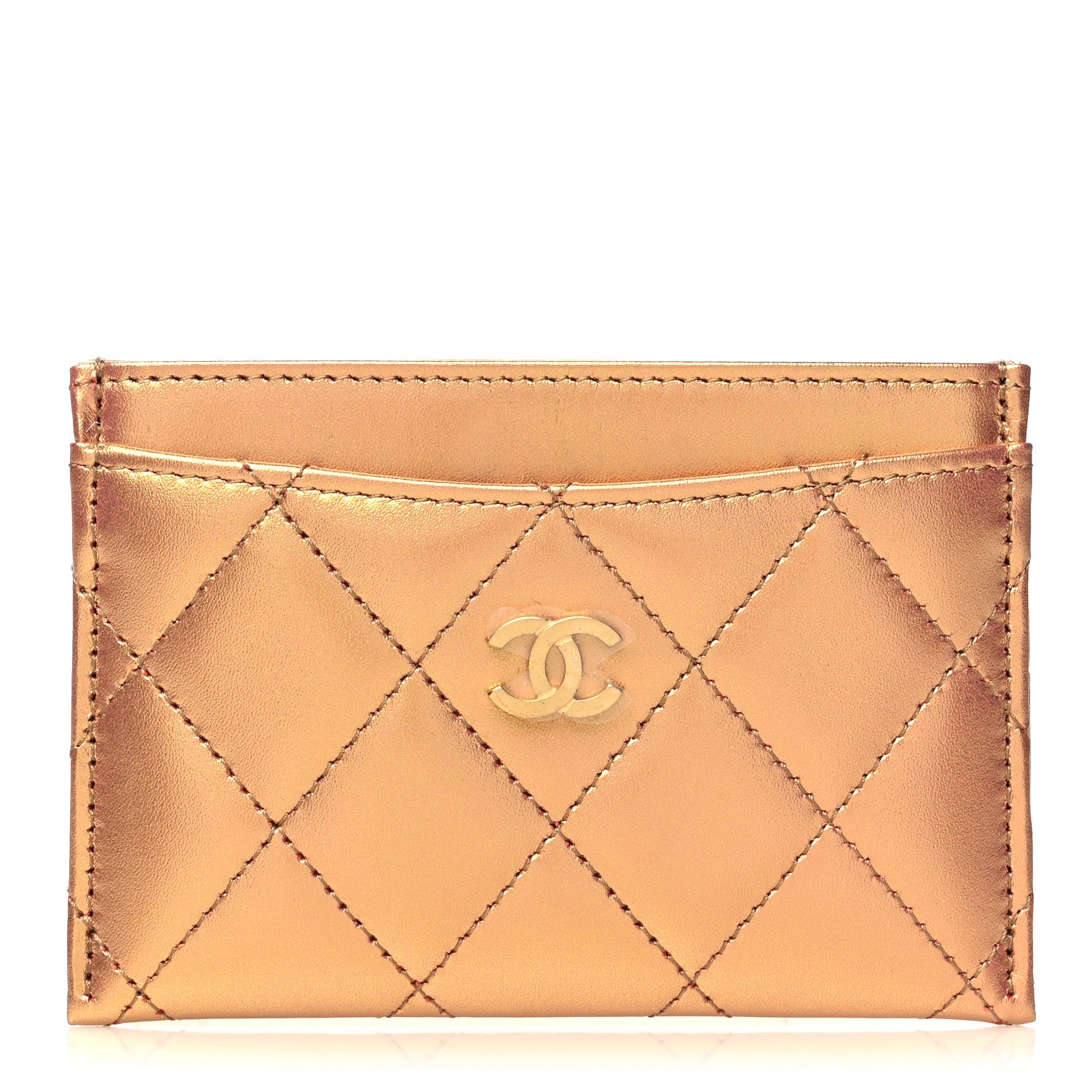 Chanel Metallic Lambskin Quilted CC Card Holder Golden 1 of 10