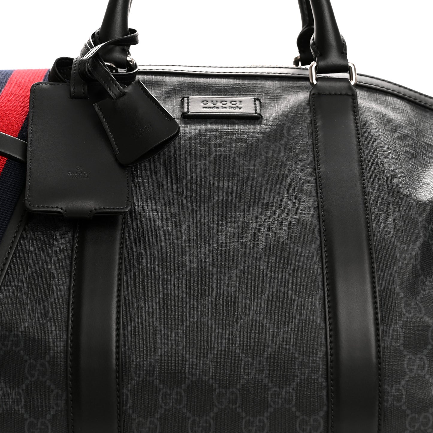 Soft GG Supreme Monogram Appia Calfskin Web Large Carry On Duffle Bag Black Grey