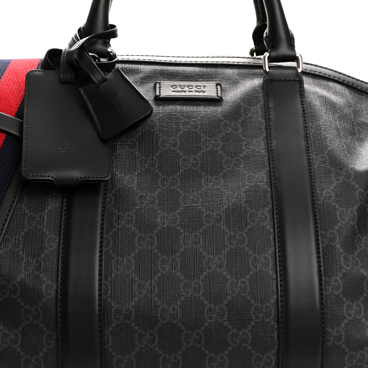 Gucci Soft GG Supreme Monogram Appia Calfskin Web Large Carry On Duffle Bag Black Grey 7 of 12