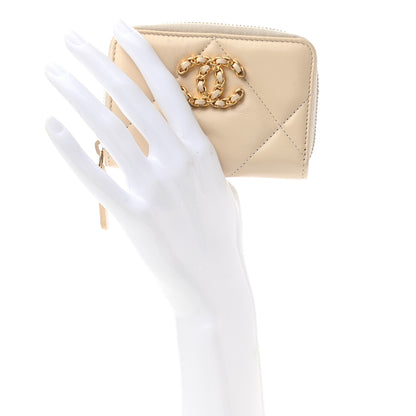 Chanel Goatskin Quilted Chanel 19 Zip Around Coin Purse Wallet Beige 2 of 7