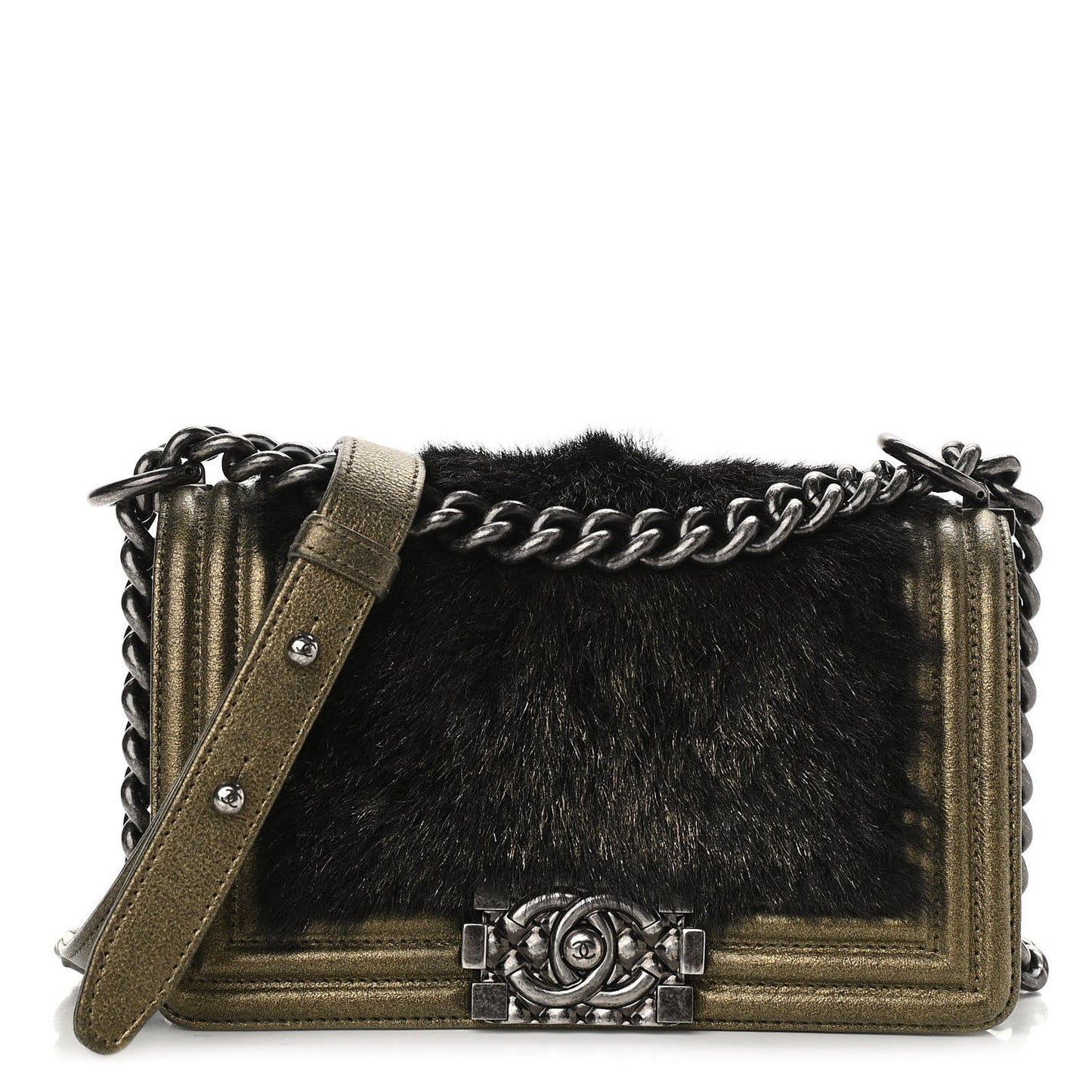 Metallic Calfskin Fur Small Boy Flap Gold
