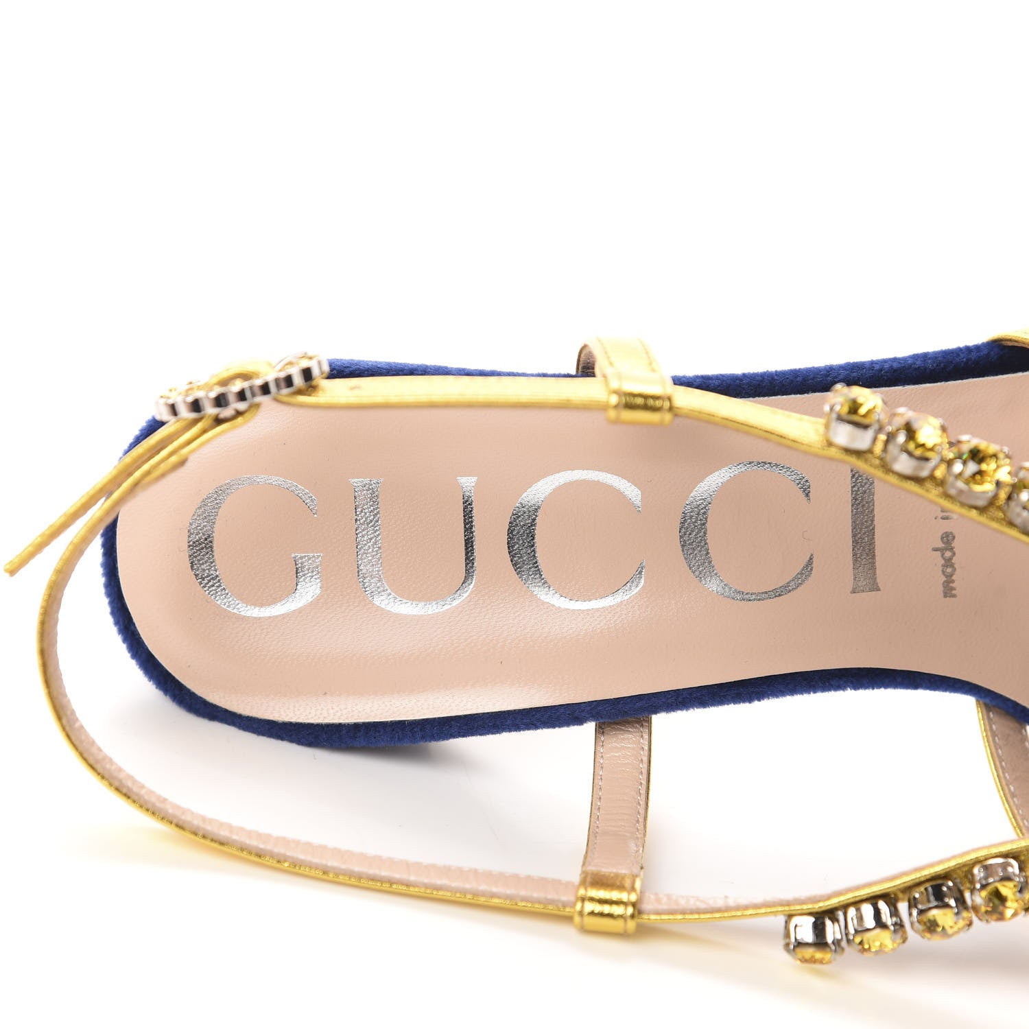Gucci Velvet Nappa Crystal Zephyra Slingback Platform High Heel Sandals 38.5 Blue Gold 7 of 9