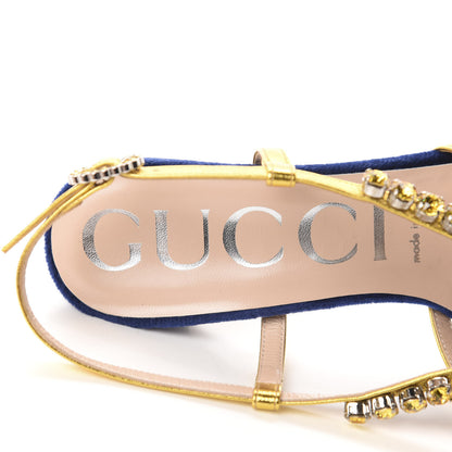 Gucci Velvet Nappa Crystal Zephyra Slingback Platform High Heel Sandals 38.5 Blue Gold 7 of 9