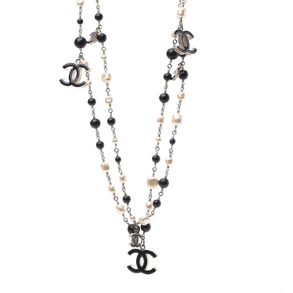 Chanel Pearl Bead Enamel CC Long Necklace Black Light Gold 1 of 4