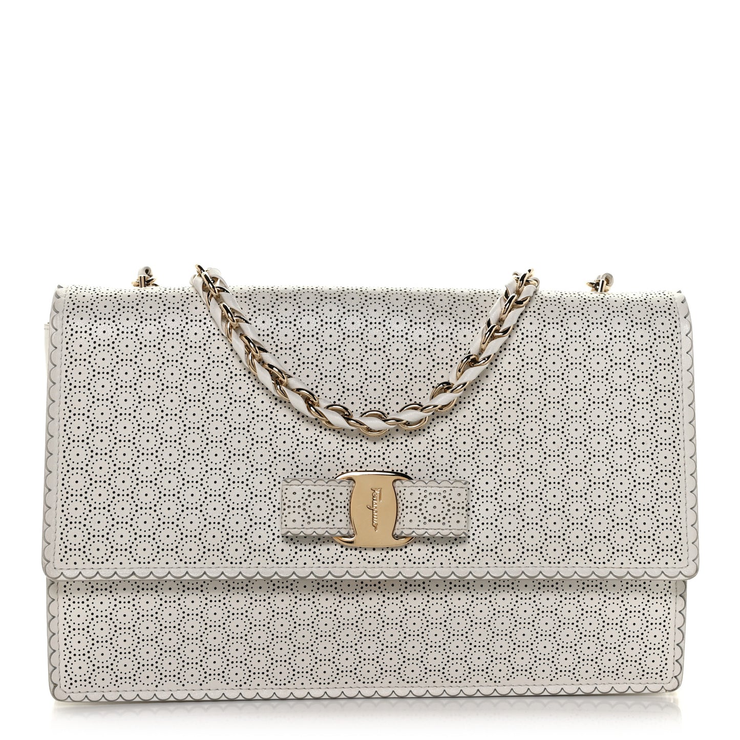 Perforated Calfskin Ginny Bow Crossbody Bag White