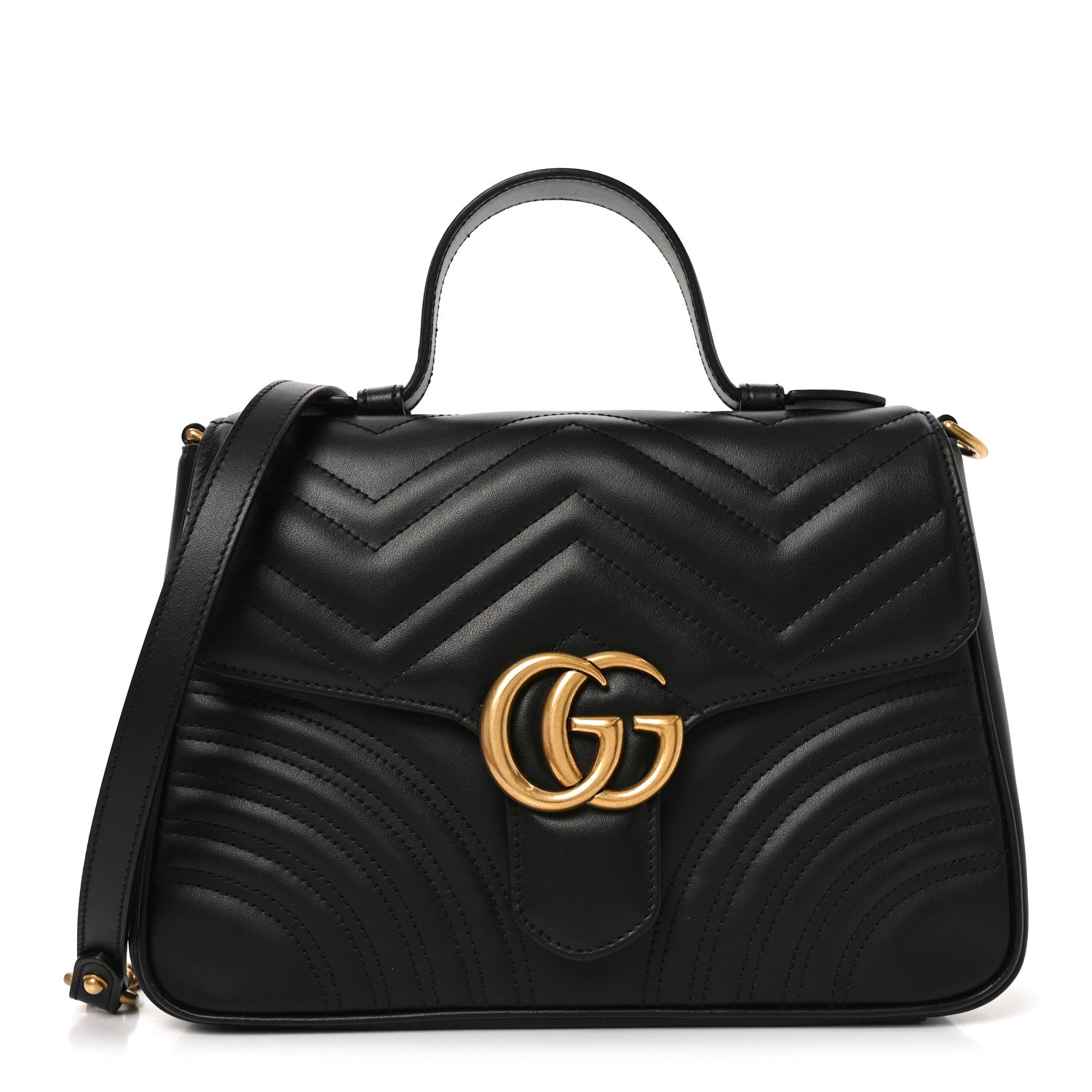 Gucci Calfskin Matelasse Small GG Marmont Top Handle Shoulder Bag Black 1 of 11