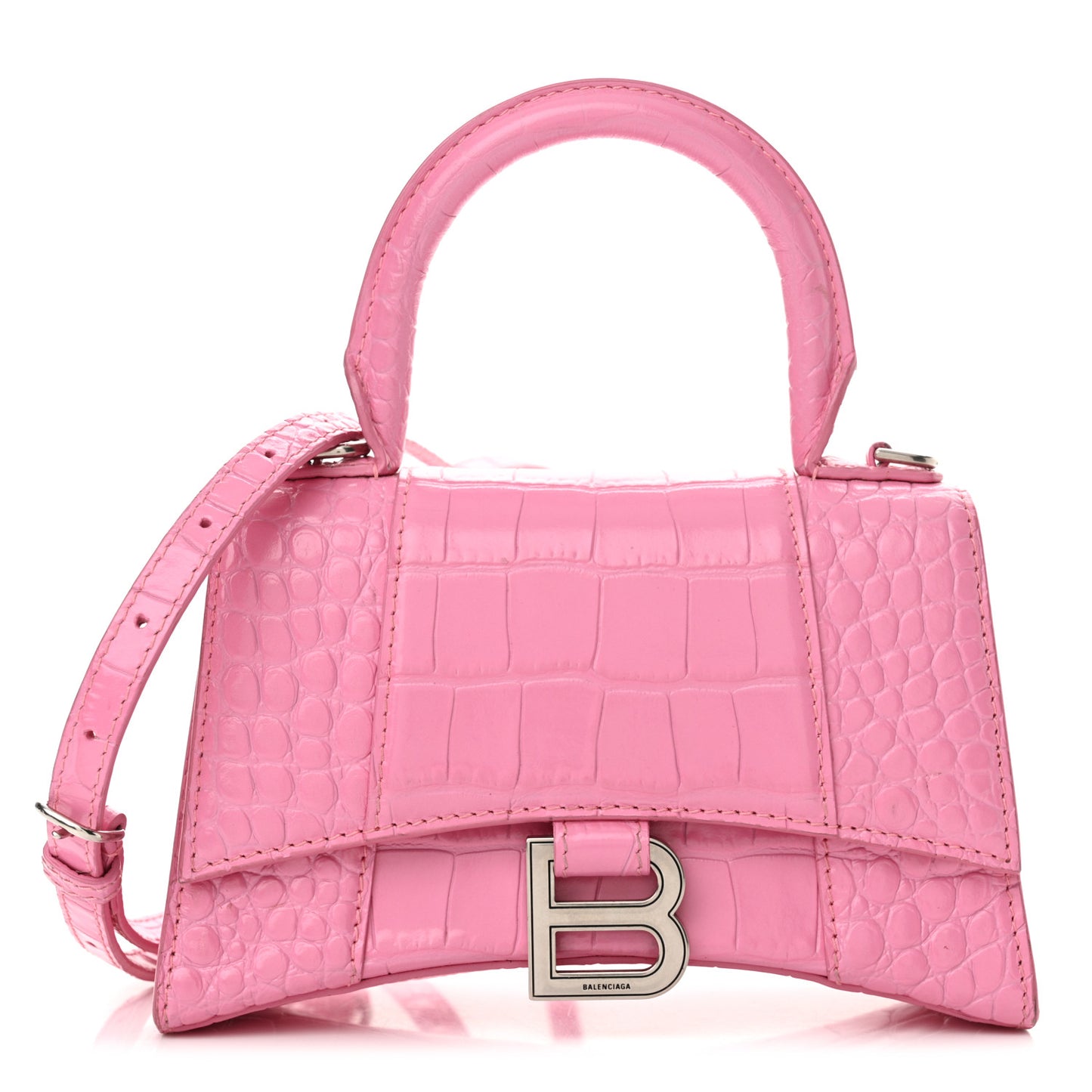 Shiny Calfskin Crocodile Embossed Hourglass Top Handle Bag XS Baby Pink