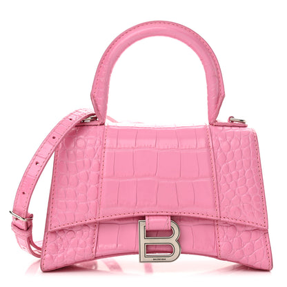 Balenciaga Shiny Calfskin Crocodile Embossed Hourglass Top Handle Bag XS Baby Pink 1 of 20