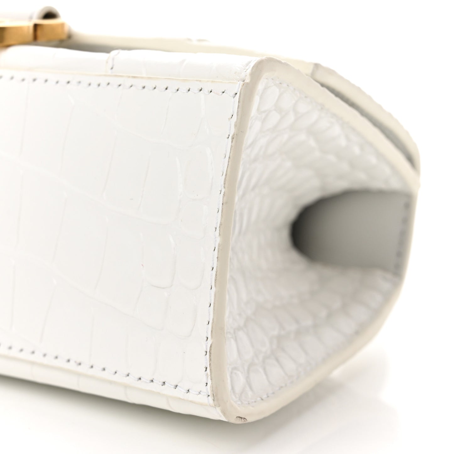 Shiny Calfskin Crocodile Embossed Hourglass Top Handle Bag XS Optic White