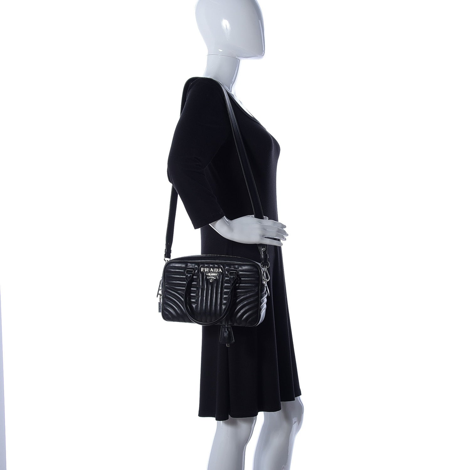 Prada Soft Calfskin Impunture Diagramme Top Handle Crossbody Bag Black 3 of 11