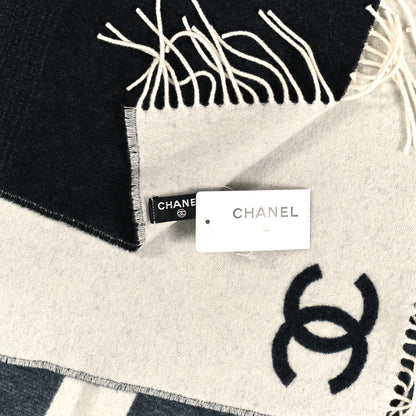 Chanel Cashmere Wool Logo Scarf Grey White 3 of 3